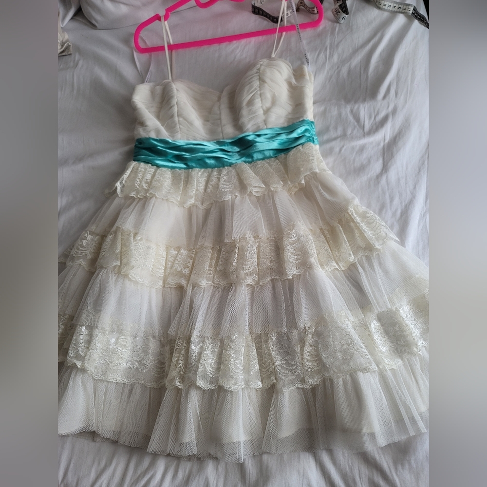 Steppin' Out Cream and Teal Prom Dress